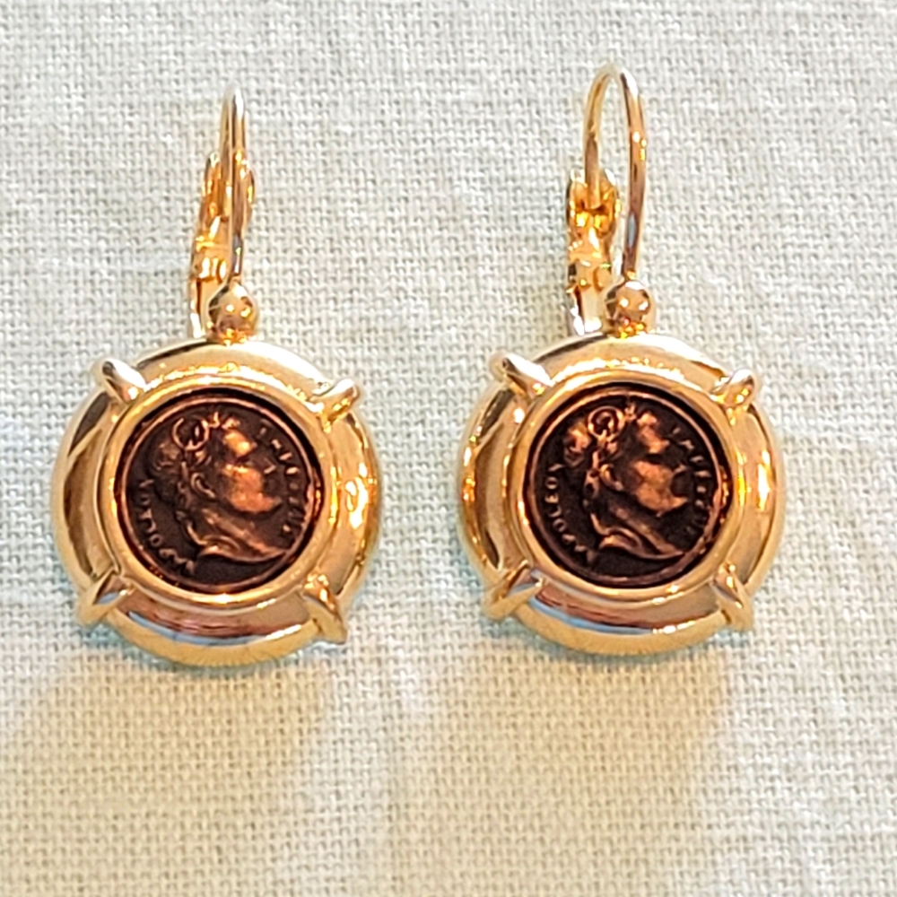 Vintage Gold Plated and Brown Coin Earrings.